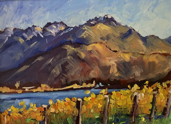 Jane McIntosh| Looking over Vineyard to Walter Peak Queenstown | McAtamney Gallery and Design Store | Geraldine NZ